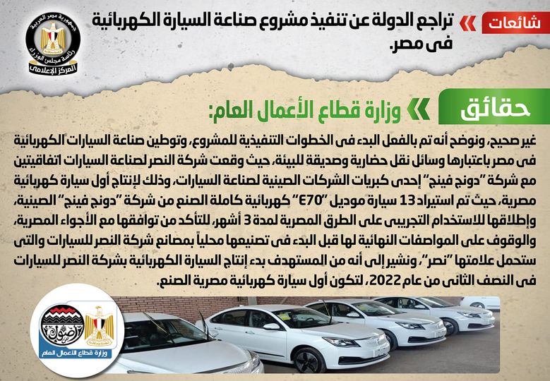 حقيقة تراجع الدولة عن تنفيذ مشروع صناعة السيارة الكهربائية في مصر